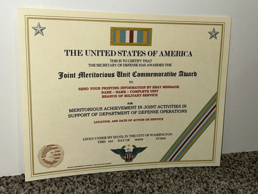 JOINT MERITORIOUS UNIT COMMEMORATIVE AWARD CERTIFICATE ~W/PRINTING T-1