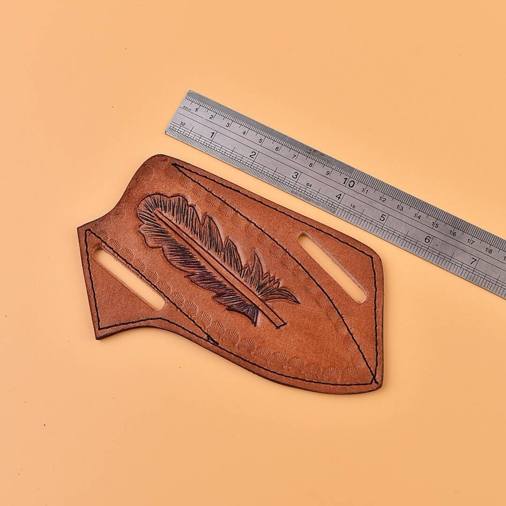Leather Hand Leaf Engraved PANCAKE Fixed Blade Knife Belt Sheath Folding Case
