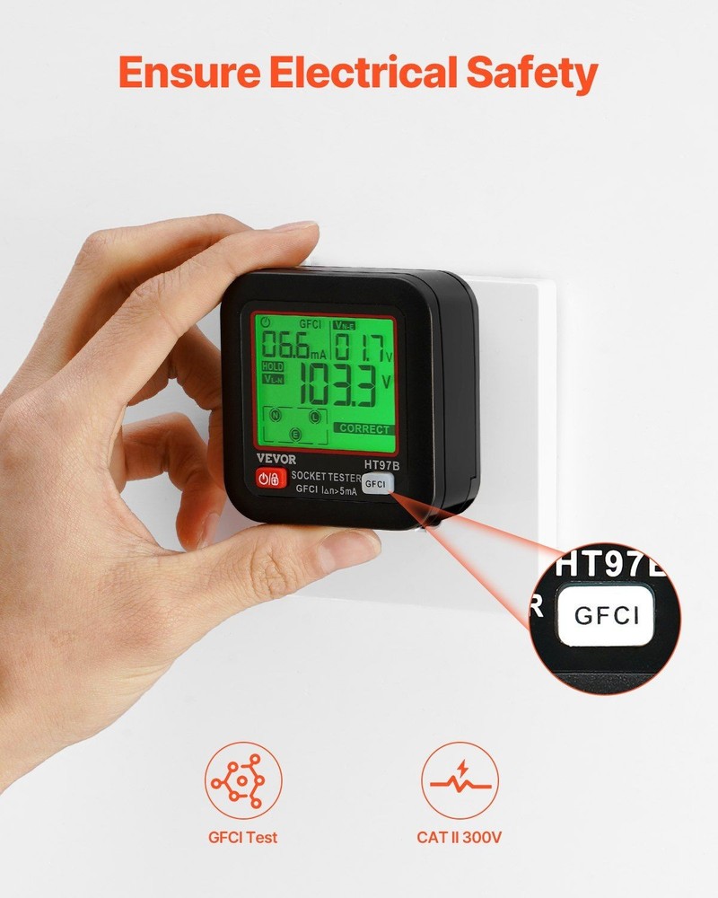 Convenient Electrical Tester with Clear LCD and GFCI Test Capability