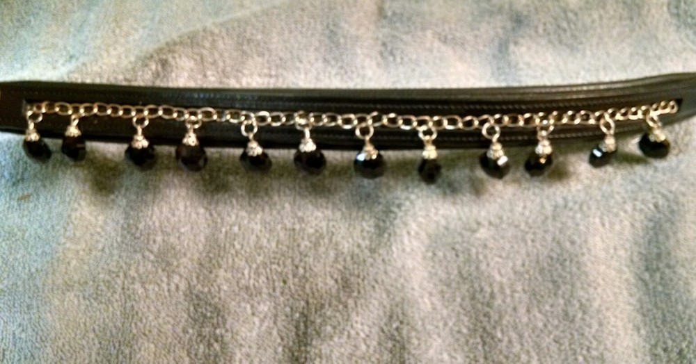 Decorative Black Leather Browband w/ Black Glass Dangle Beads