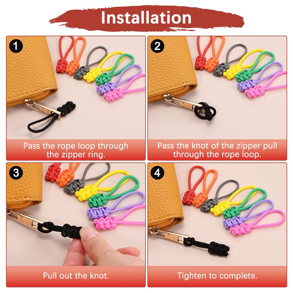 Zipper Pull Replacement [12PCS] - Extender Woven Rope Zipper Heads - [Black]