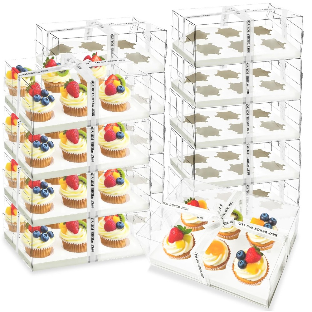 Seuqhck 15 Pack Clear Cupcake Boxes, 6 Compartment Cupcake Container Set, Sta...