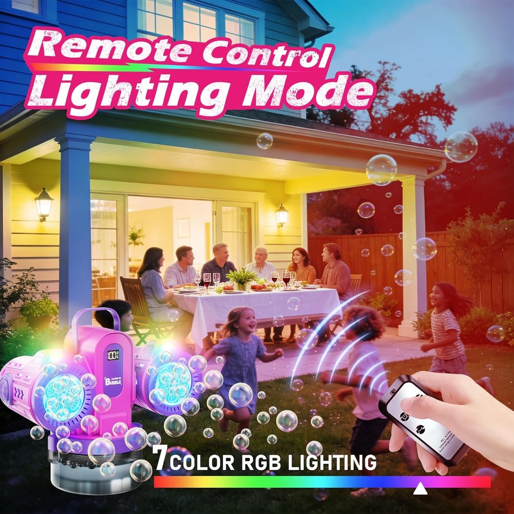 Dual-Engine Bubble Machine with RGB Lights & Remote Control, 150° Auto Rotation,