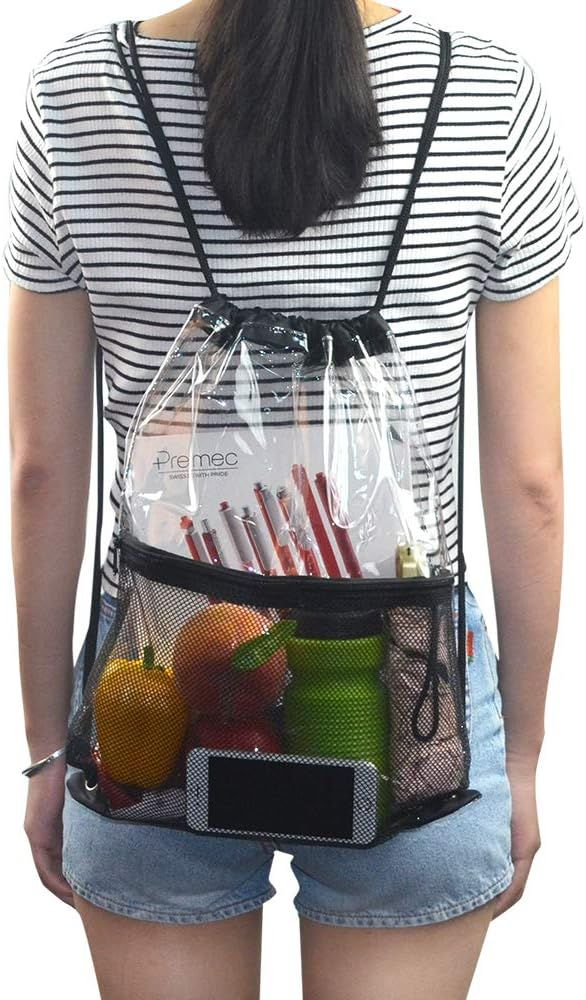 Clear Drawstring Bag, PVC Backpack with Front Zipper Mesh Black