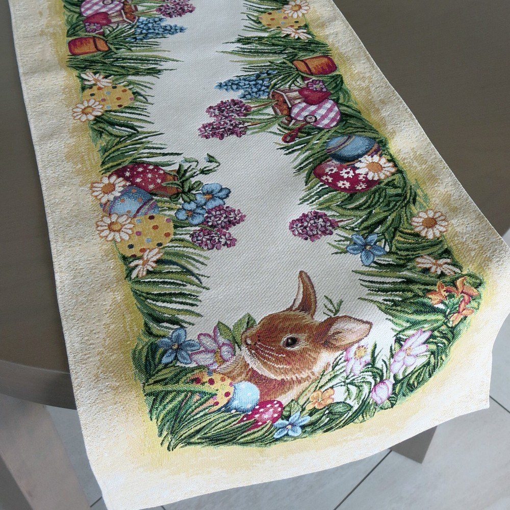 Easter Decorative Table Runner Tapestry Fabric Multicolor Naperon Bunny Yellow