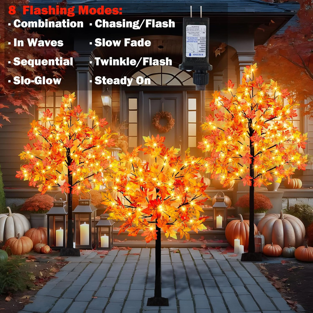 3 Pack Lighted Maple Tree, 4FT 5FT 6FT Artificial Fall Tree with 216 Lights