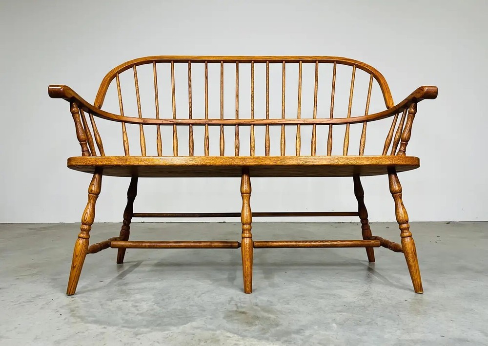 Vintage Oak Windsor Spindle Back Prosper's Bench or Settee 1970s