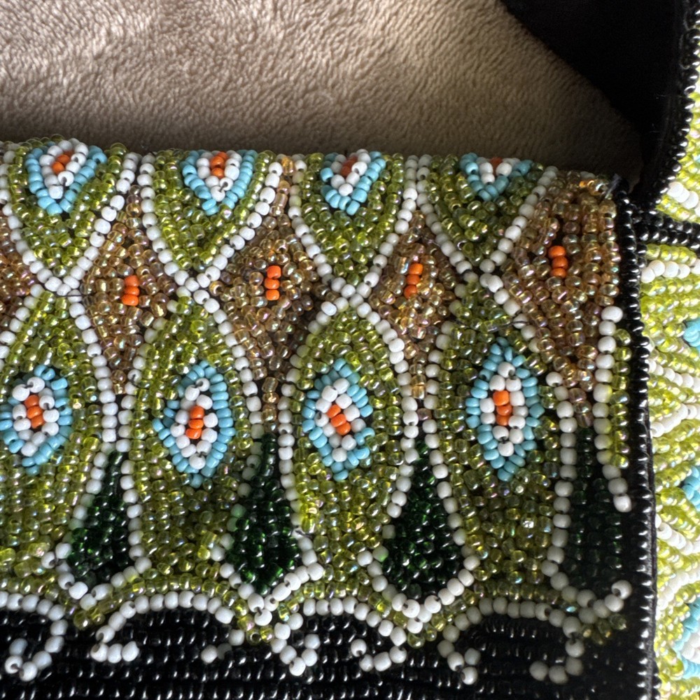 Cacle Small Seed Beaded Purse Hand Beaded Peacock Feather Look
