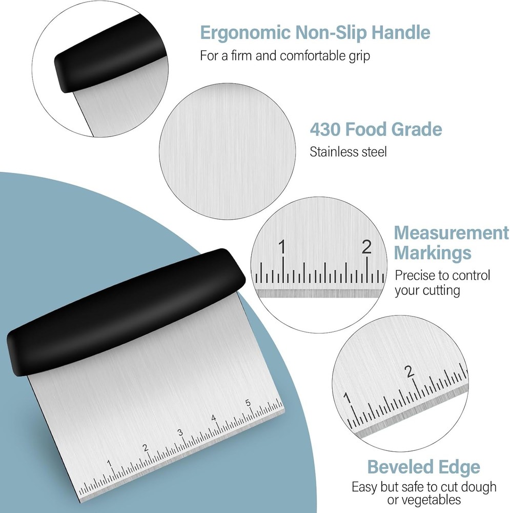 Bench Scraper, Premium Stainless Steel Dough Scraper with 2 PCS Flexible Bowl Sc