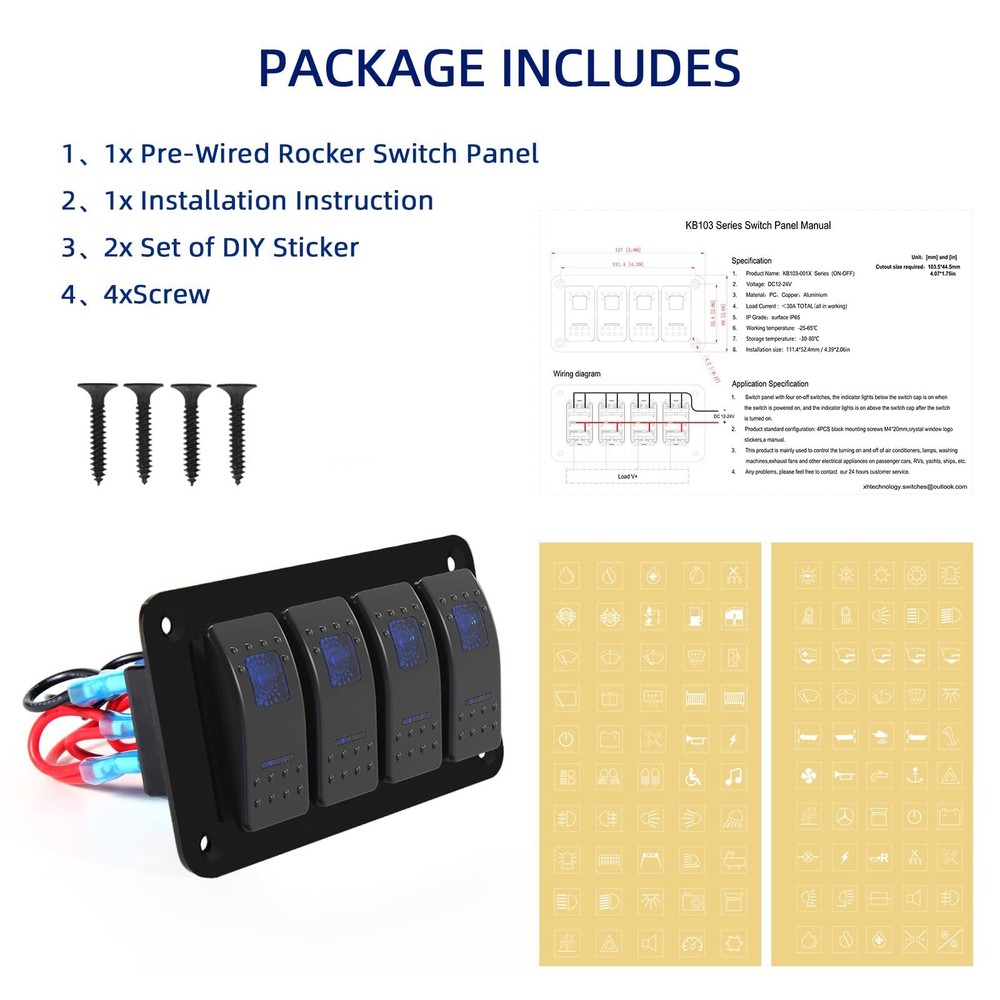 Rocker Switch Panel 4 Gang Aluminum Waterproof 12V/24V Toggle Switch Panel On...