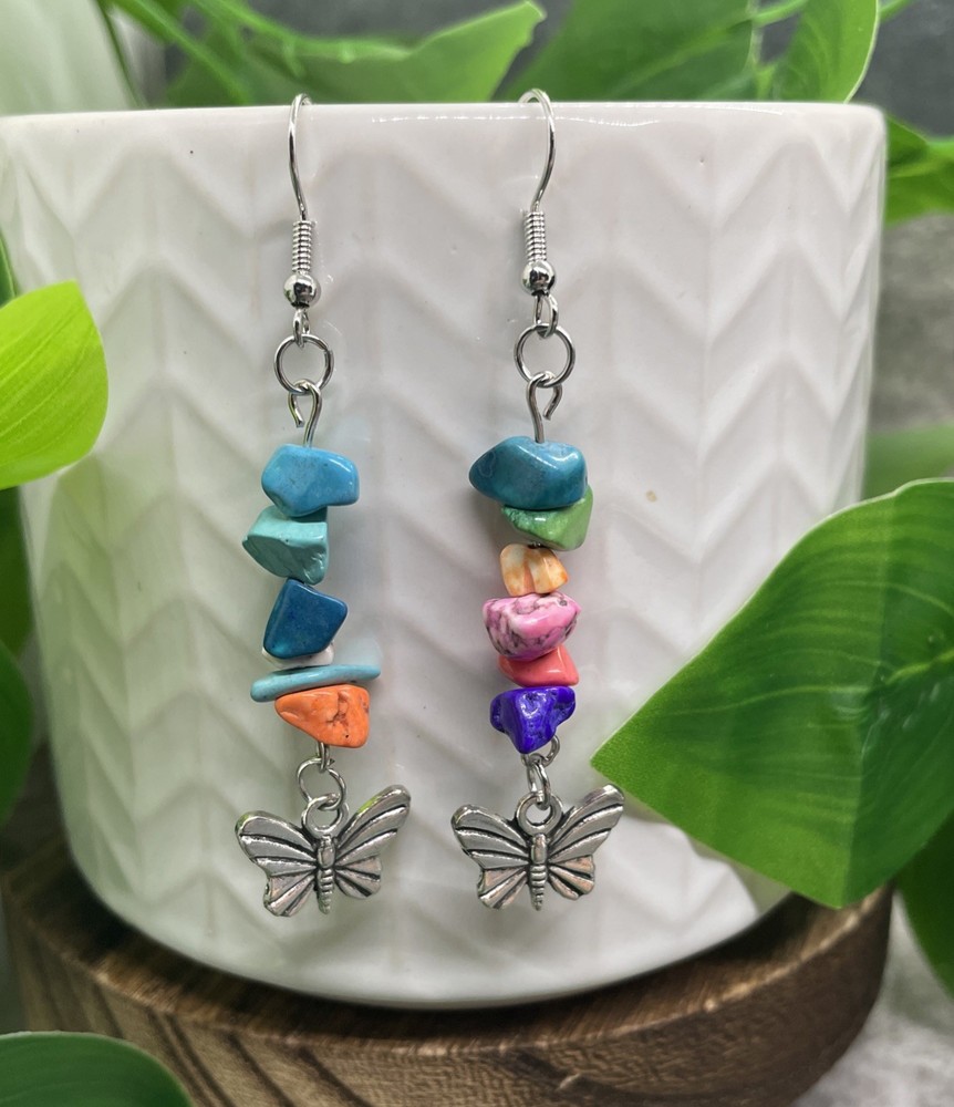 2.25” Earring Set Silver-tone Boho Stone Chips Dangle Drop New Butterfly B7326