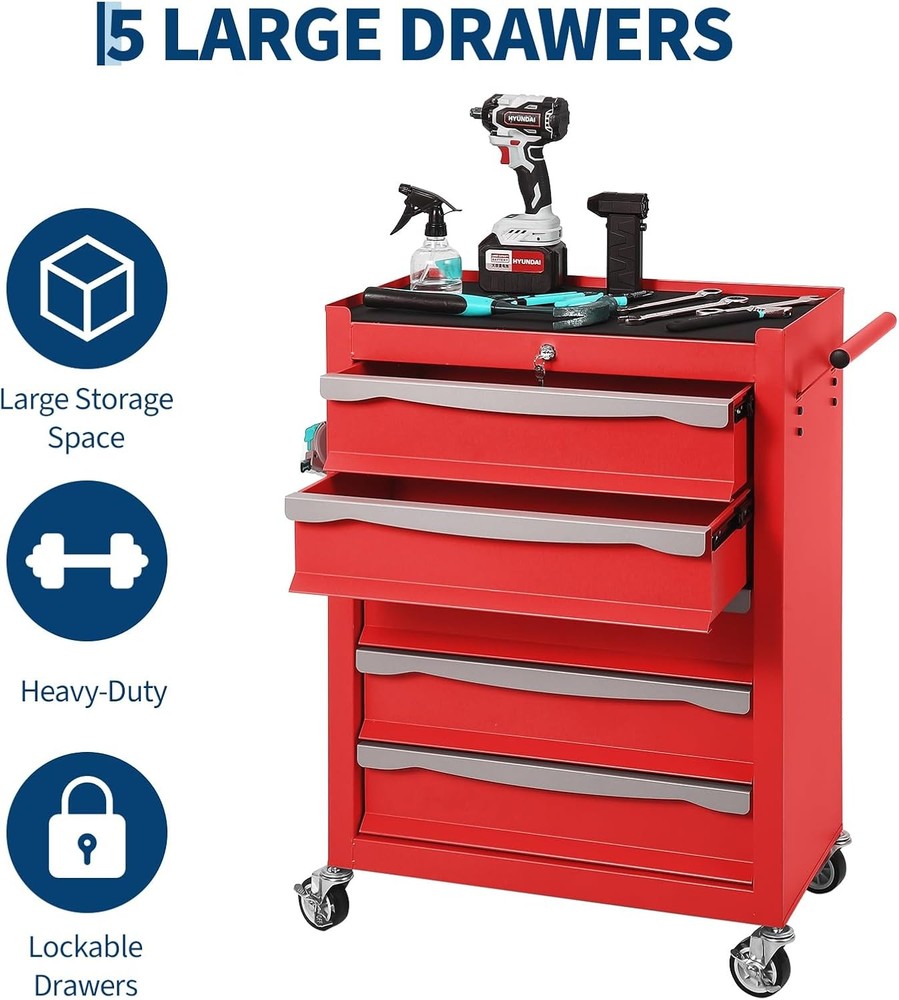 5-Drawer Heavy Duty Rolling Tool Chest with Keyed Locking and 360° Wheels