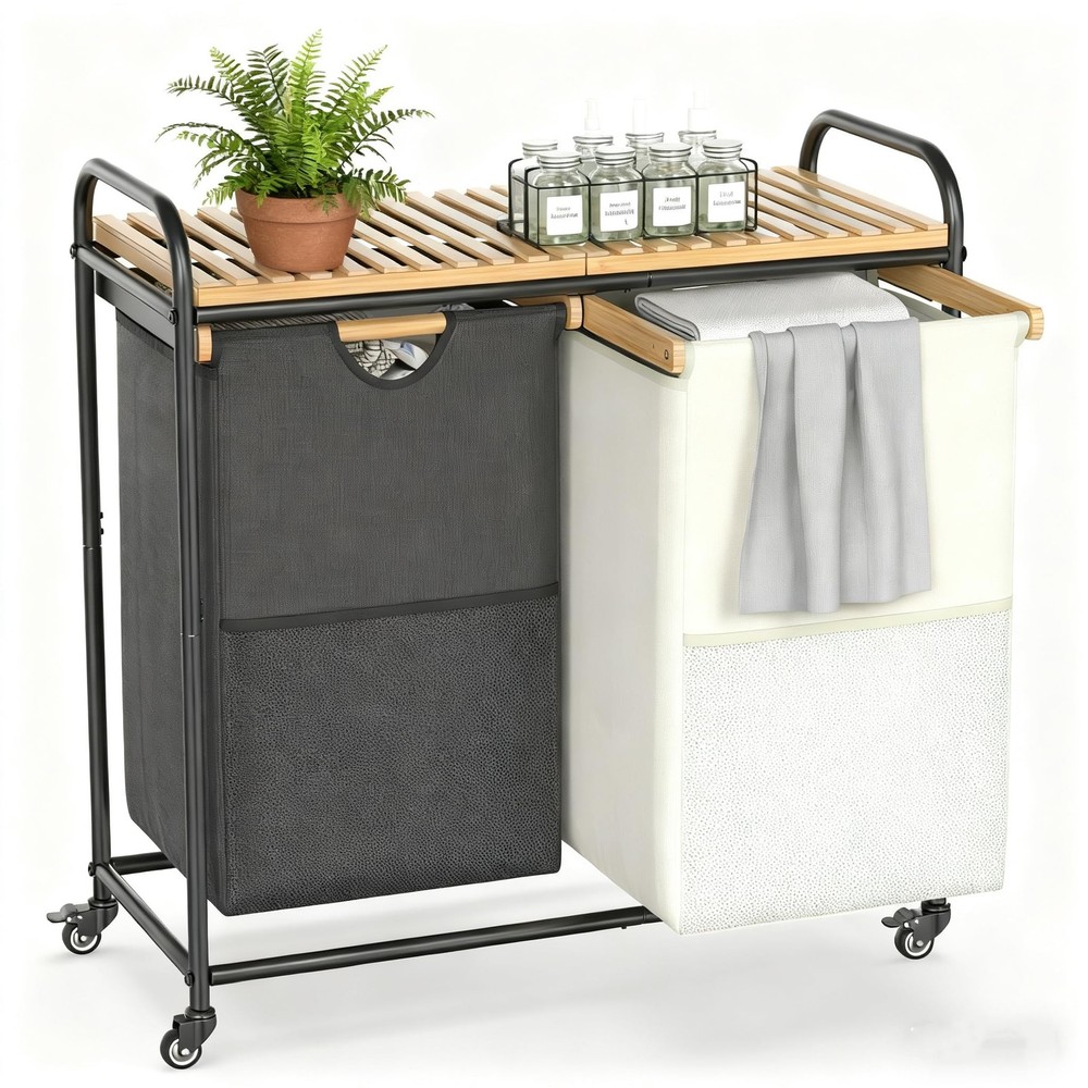 Laundry Sorter 2 Section, Laundry Hampers with Removable Shelf and Pull-Out B...