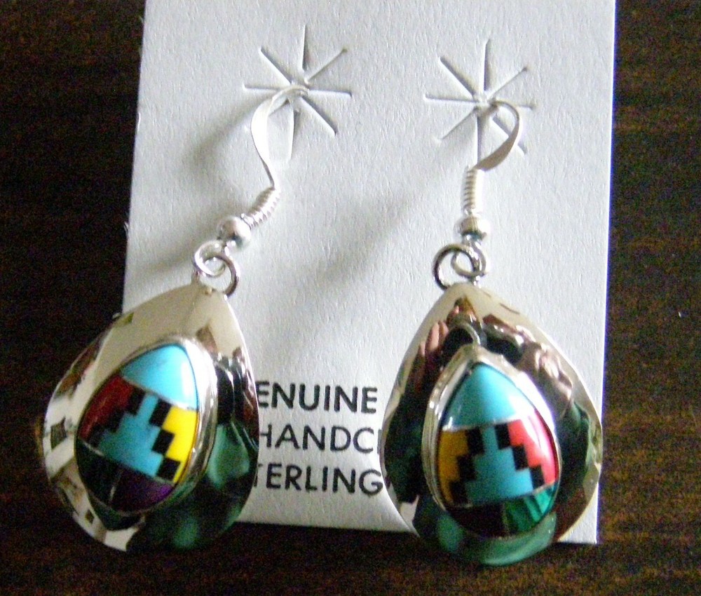 WIGWAM TRADERS MULTI COLOR INLAY TEAR DROP WIRE EARRINGS: #C828