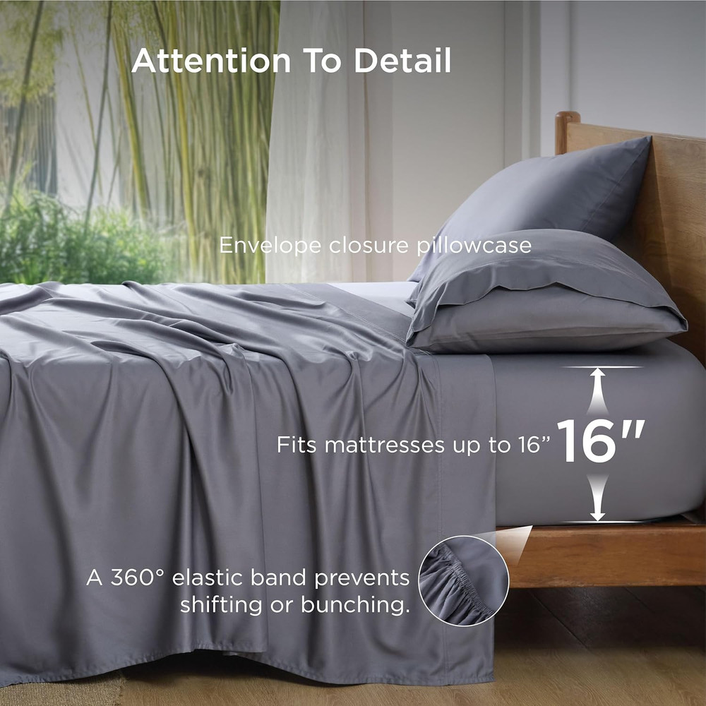 Cooling King Size Sheets Set, Bamboo Rayon, Soft & Breathable, Dark Grey