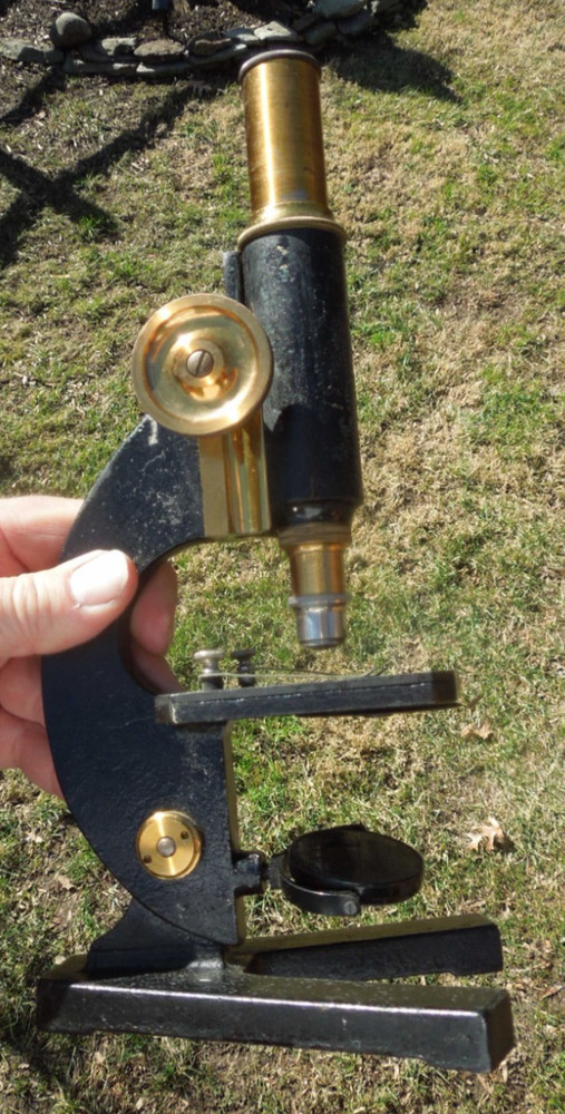 Antique Cast Iron Microscope Germany Brass Black Microskope w/ Case