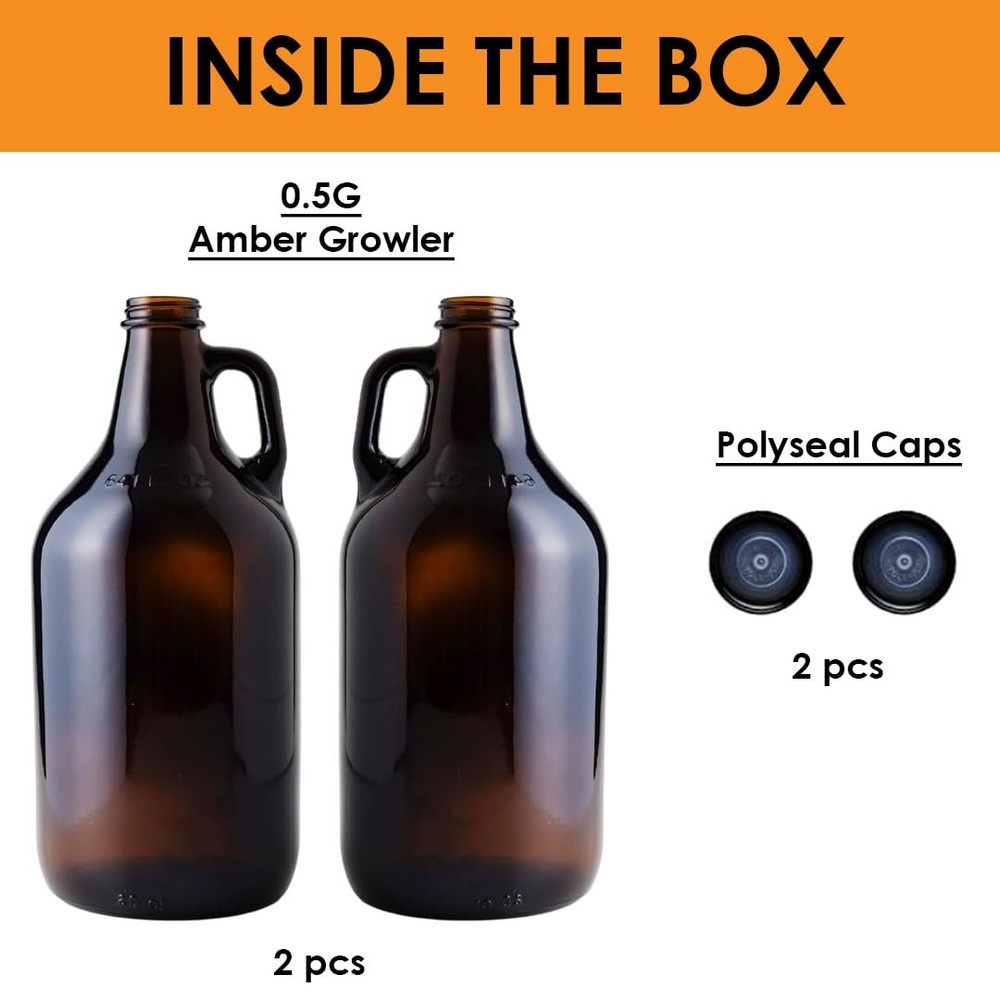FastRack 64oz Amber Glass Growlers with Polyseal Caps (2 Pack) | Half Gallon (1/
