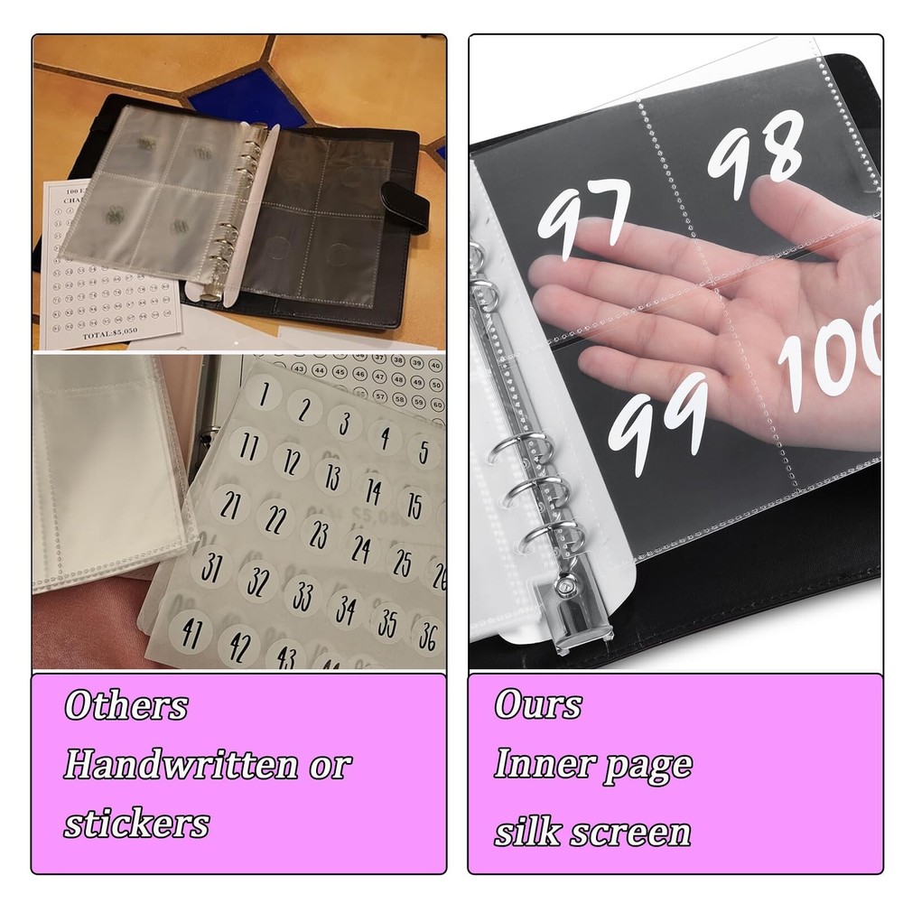 100 Envelope Challenge Binder, 25 Sheets Silkscreen Numbers to 100, Not Stick...