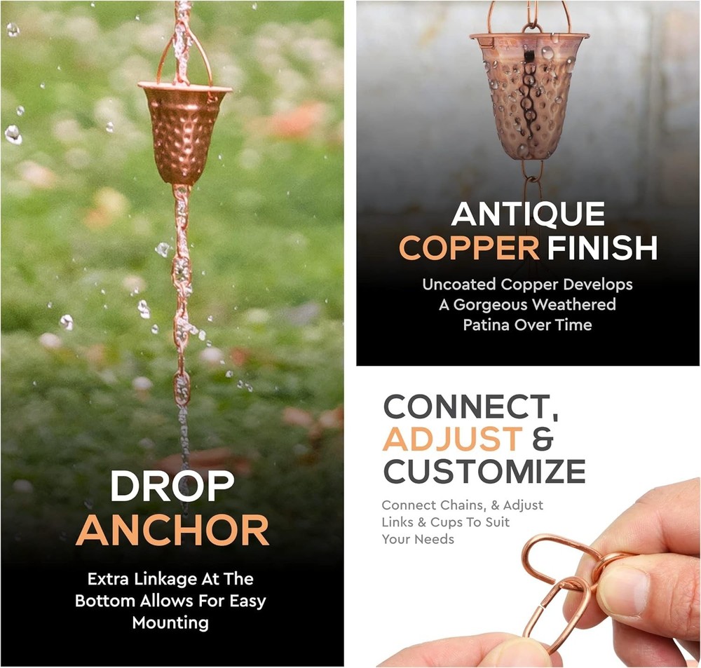 Stunning 6.5ft Copper Hammered Rain Chain - Elegant Water Diversion Solution