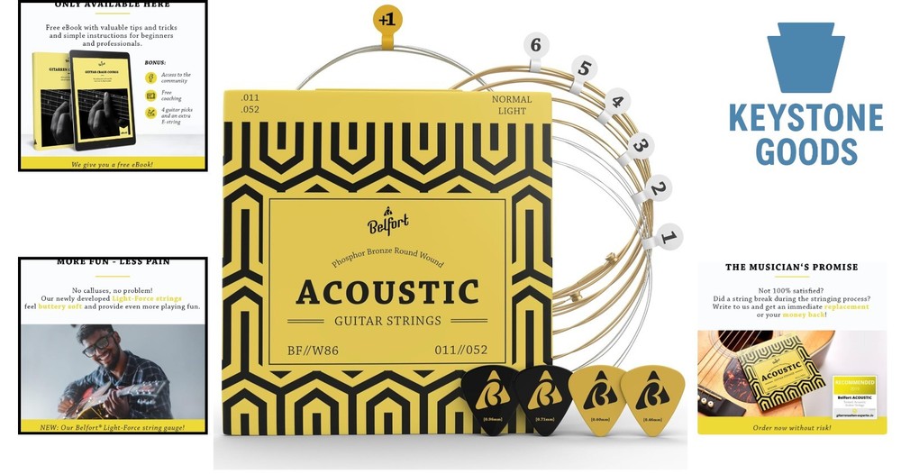 Phosphor Bronze Acoustic Guitar String Set + Bonus Picks & Extra E-String