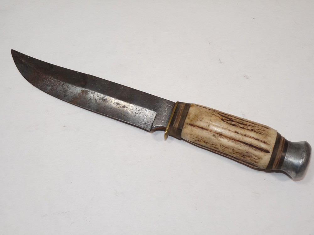 Vintage Old Compass 845 Solingen Germany Fixed Blade Knife Stag Handle