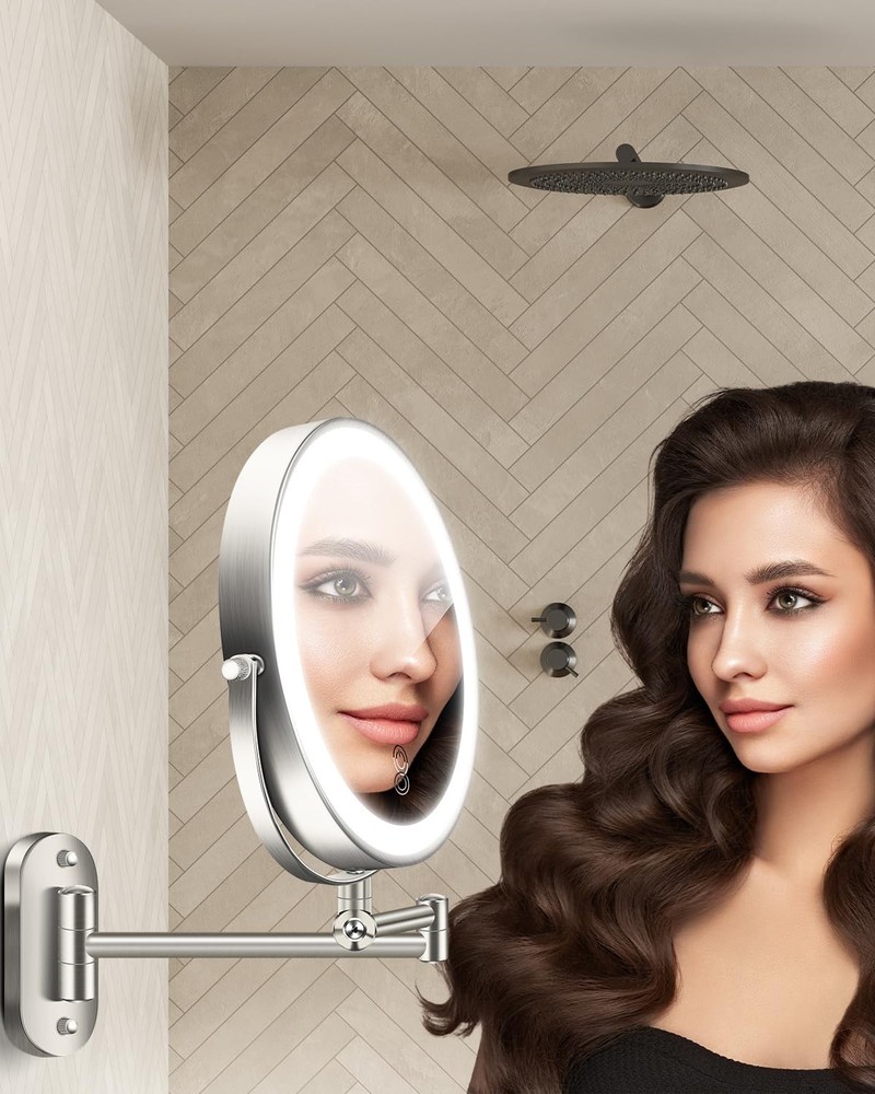 9'' 30X/1X Wall Mounted Lighted Makeup Mirror, Height Adjustable Double Sided...