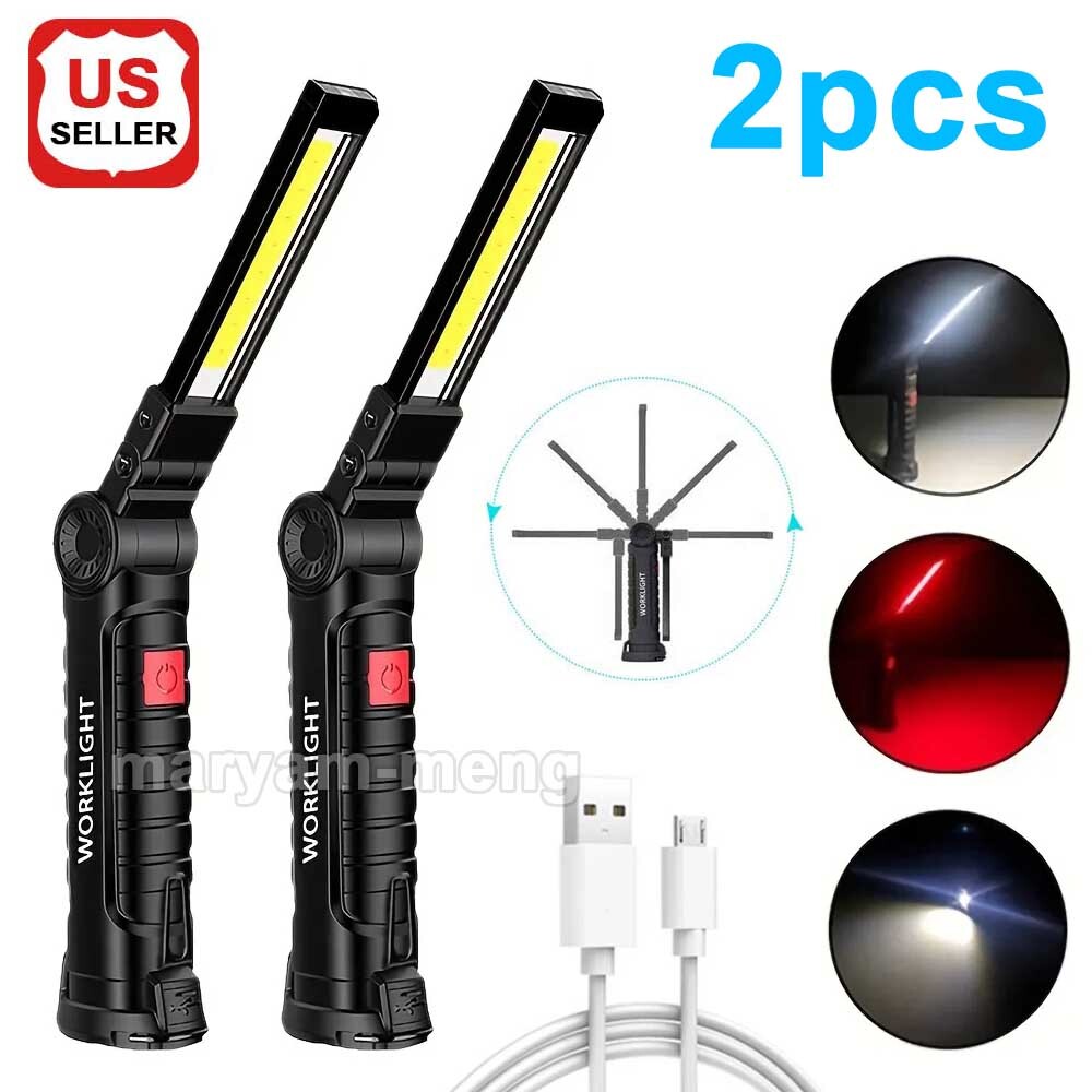 2PCS Magnetic COB LED Work Light Lamp USB Rechargeable Flashlight Folding Torch