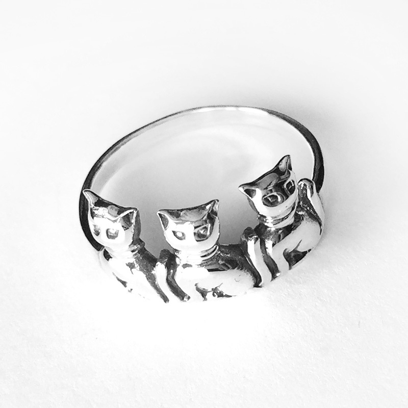 Size 5~9- Three CATS Sterling Silver Ring- Highly Polished