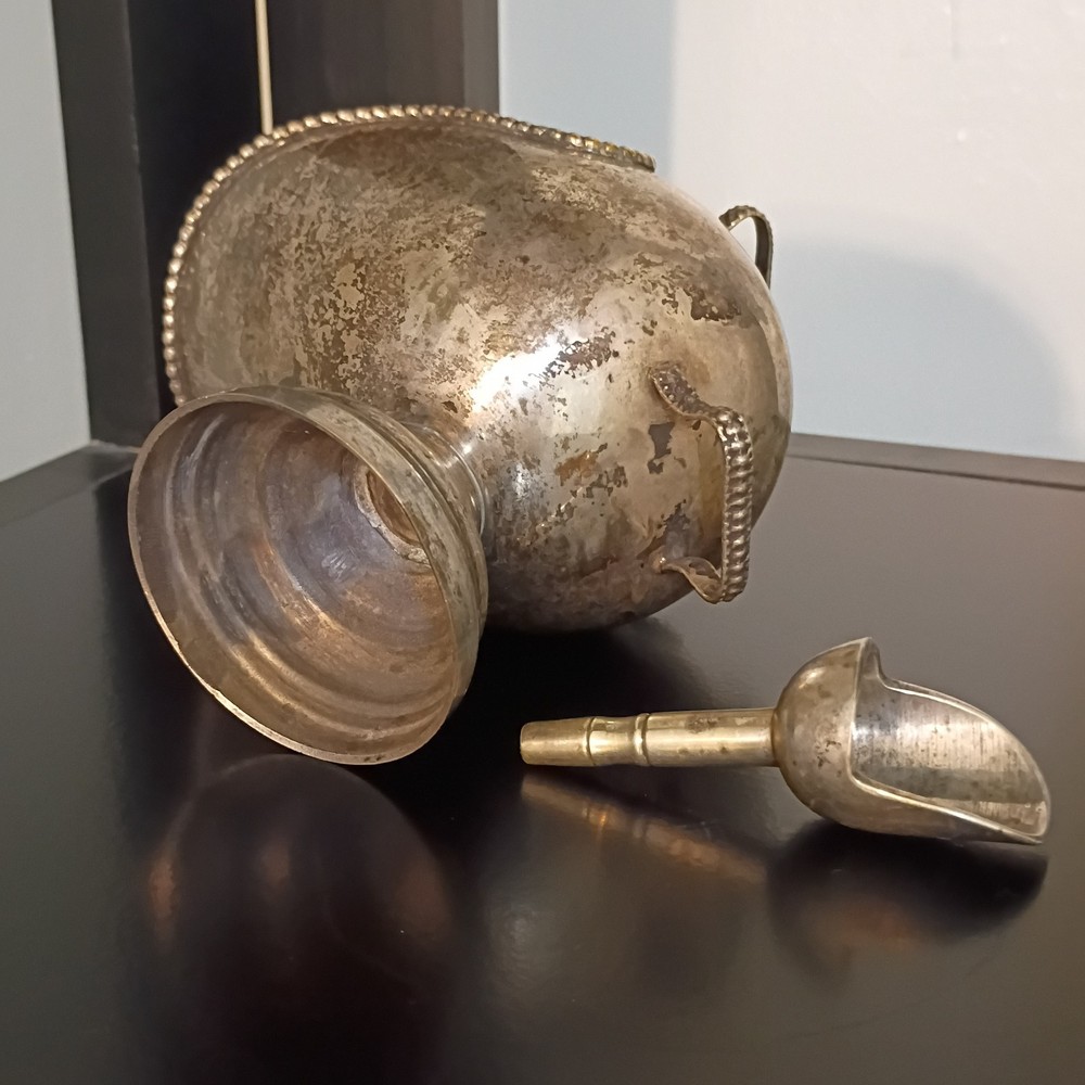 ANTIQUE SILVERPLATE SUGAR SCUTTLE AND SCOOP