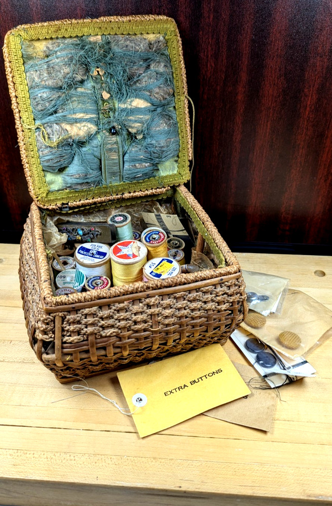 Vintage Sewing Basket Box w Thread Spools