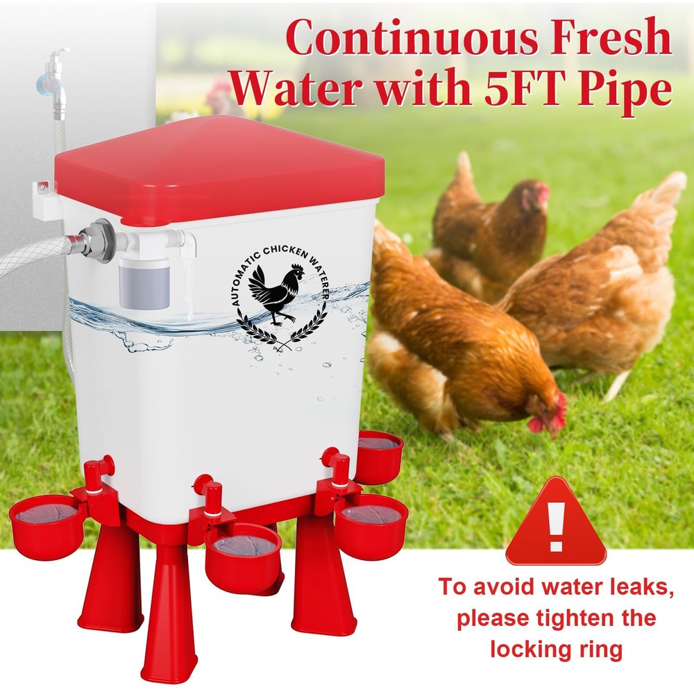 Chicken Waterer, 3 Gallons Automatic Chicken Waterers with 5ft Pipe, Float Co...