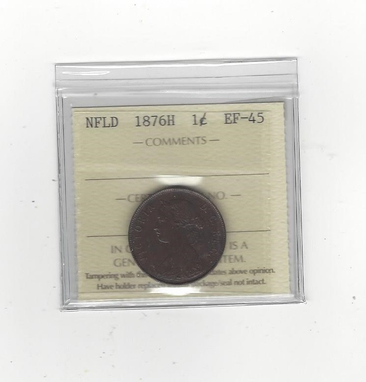 1876H, ICCS Graded Newfoundland, Large One Cent, **EF-45**