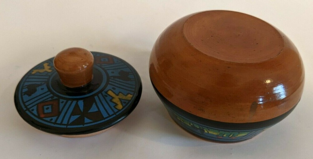 Bright Color Tiny Lidded Hand Painted Fired Clay Jar Southwestern 