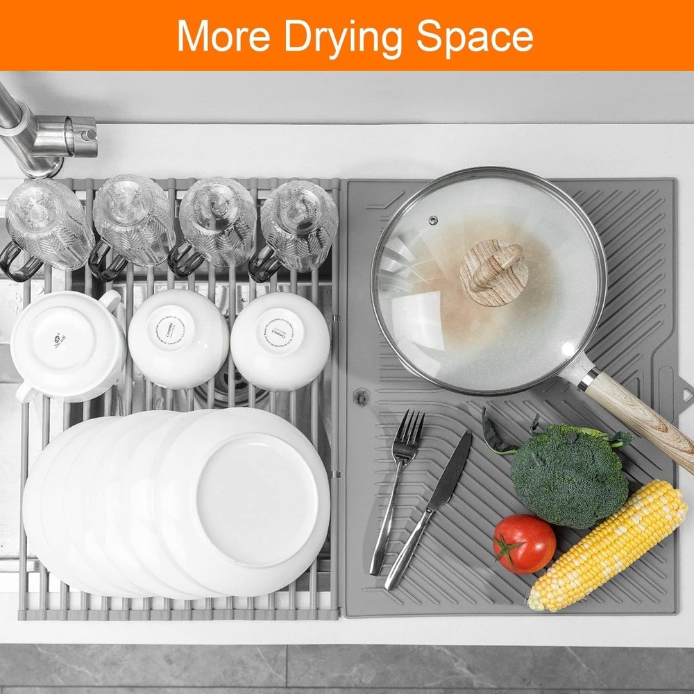 Over the sink Roll Up Dish Drying Rack w/ Mat Combo Silicone (29" x 20")