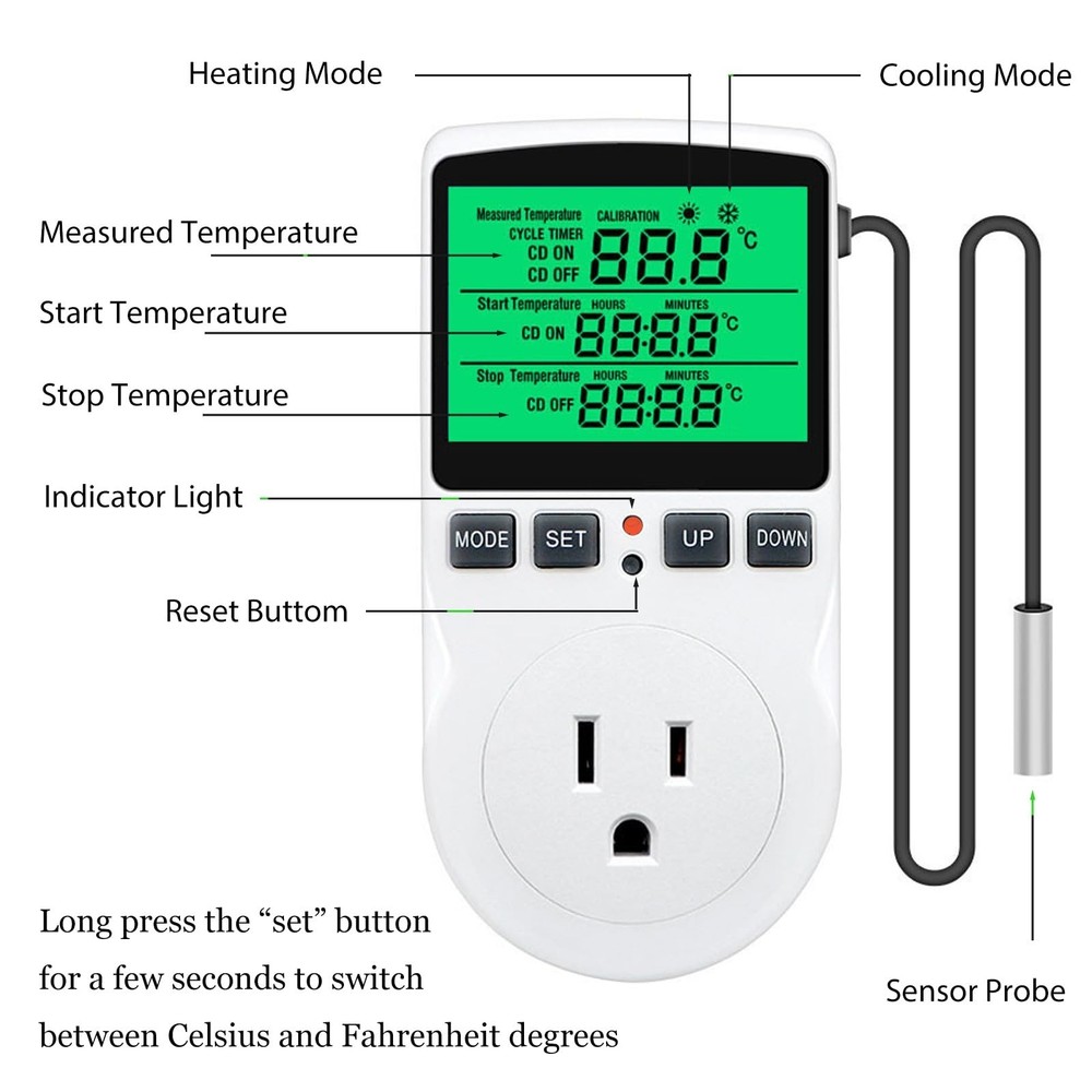 KABASI Digital Temperature Controller, Backlit LCD Screen Thermostat Heating ...