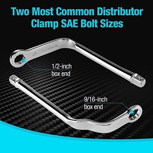 Two-piece distributor clamp wrench set.