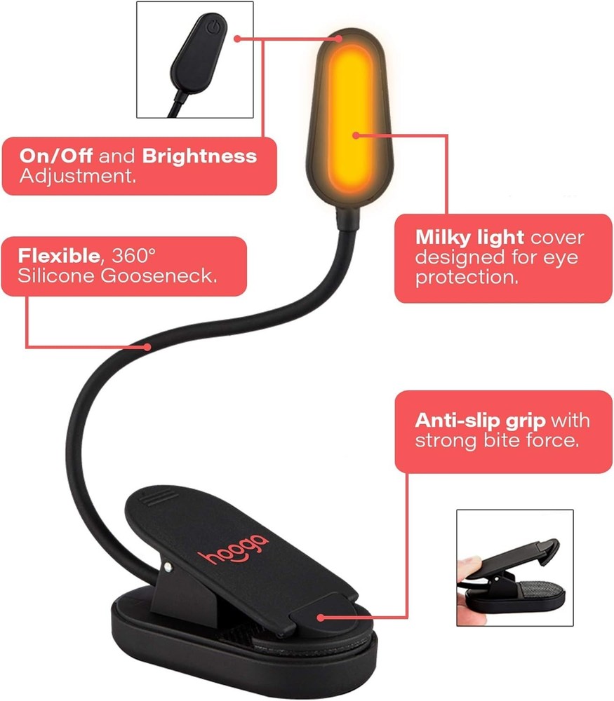 Amber Book Light, Rechargeable Clip-On Blue Light Blocking LED Reading Light,...