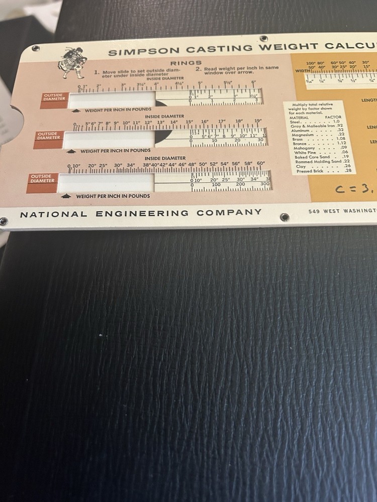 1966 Simpson Casting Weight Calculator National Engineering Co. Perrygraf