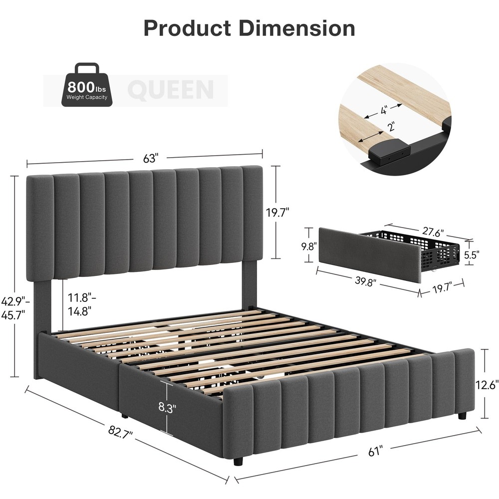 Queen Size Bed Frame with 4 Storage Drawers, Adjustable Height Headboard, Lin...