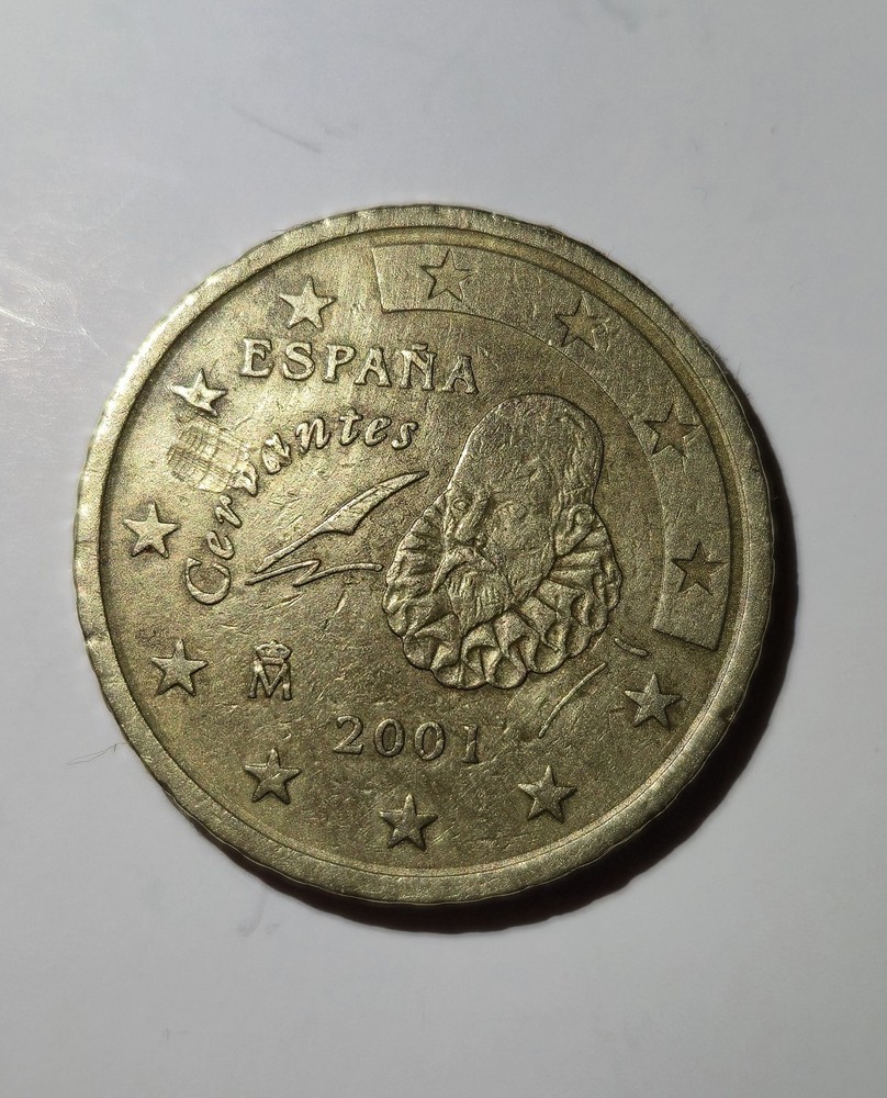 50 CENT, Spain, 2001, Error Coin, Very Rare, Stamp defect.