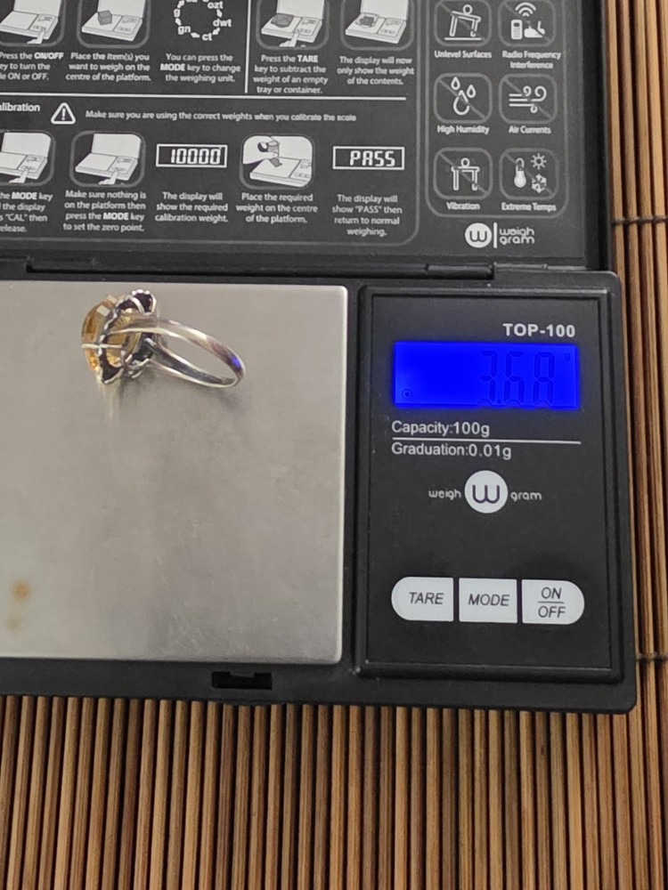 925 Silver Citrine Adjustable Ring