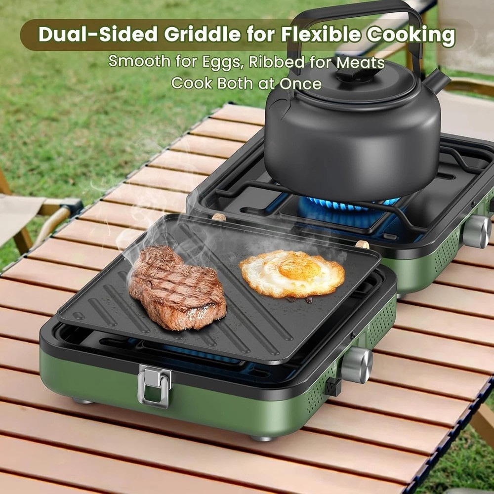 Versatile 2-Burner Foldable Camping Stove with Dual Griddle – Compact & Portable