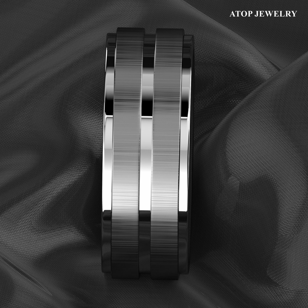 8Mm Silver Tungsten Carbide Ring Two Vertical Brushed Meteorite wedding band