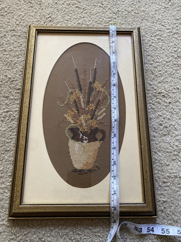 Framed Crosss Stitch Pitcher And Cattails - 15” X 10”