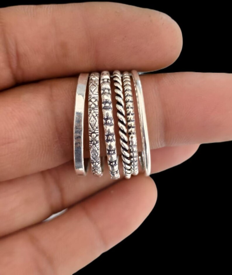 Sterling Silver Stacking Rings Set: Dotted, Thin & Thick Band Rings All Size