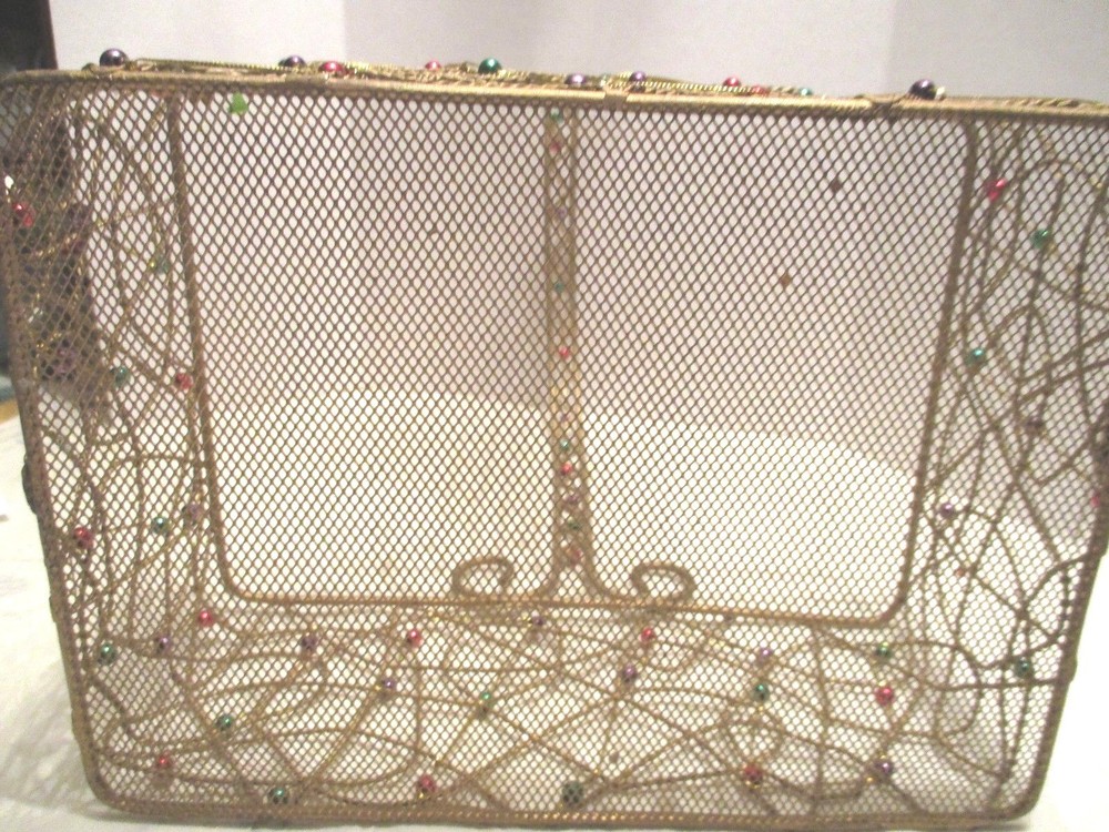 Gold Metal Rectangular Beaded Basket With Handle Open Scroll Weaved