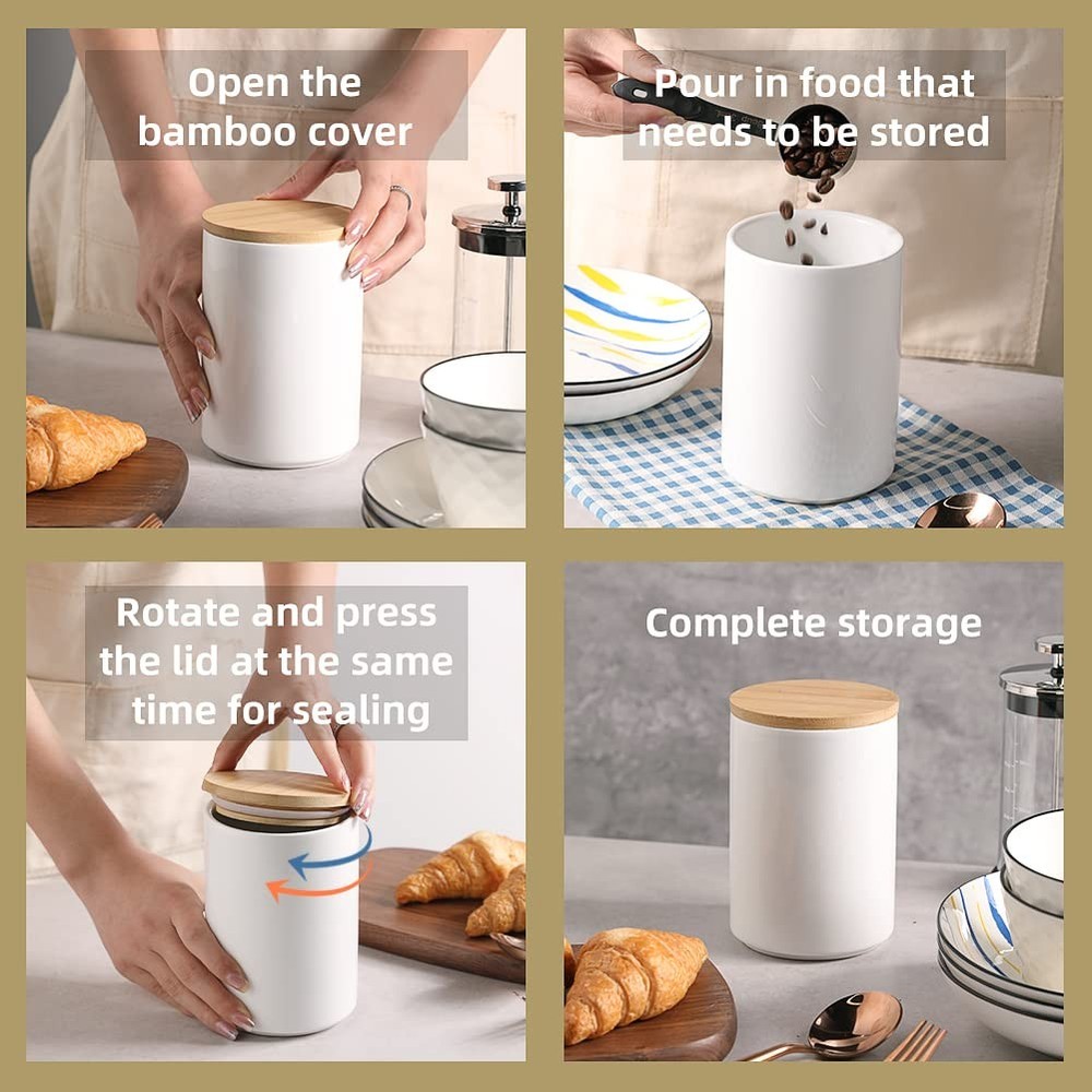 Keep Coffee Fresh Longer - 4 Ceramic Stackable Canisters White