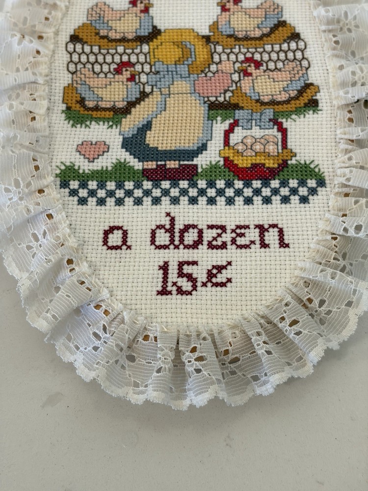 Vintage “Fresh Eggs “Finished Crosstitch In Oval Frame