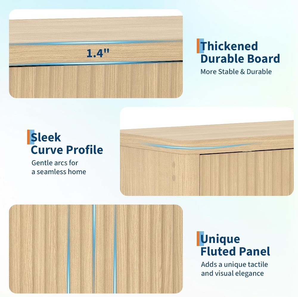 Fluted Buffet Sideboard with Adjustable Shelves & 3 Doors for Kitchen & Hallway