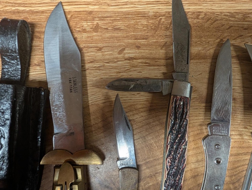 Vintage Folding Pocket Knives with Leather Sheath